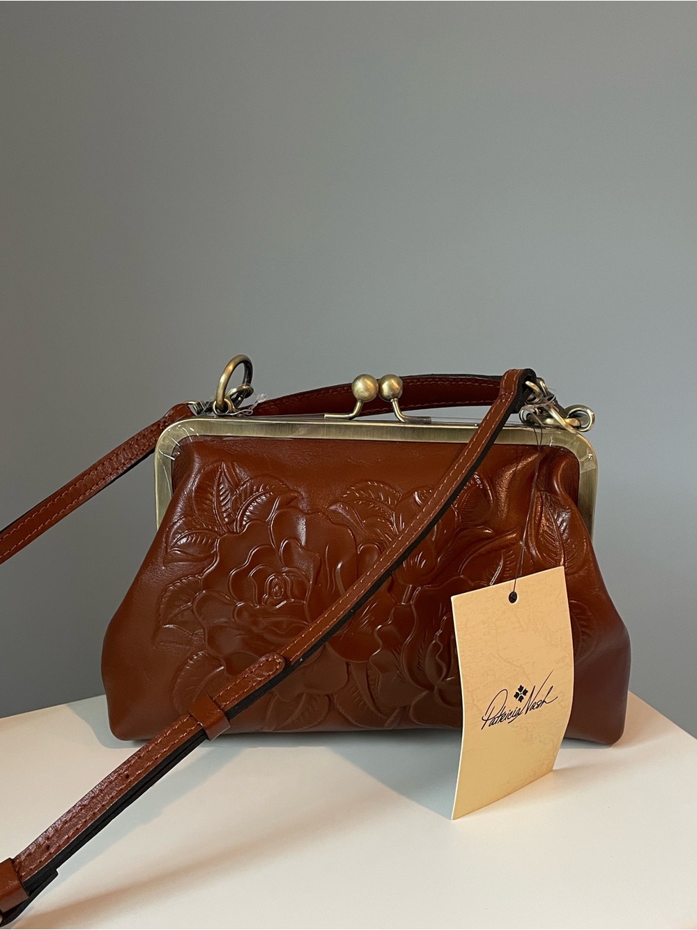 NWT Patricia Nash Viola Rose Tooled Leather Frame Satchel Crossbody